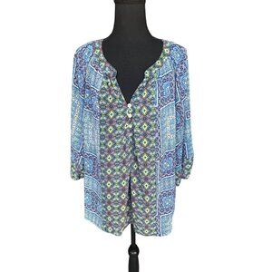 Anthropologie Figueroa Flower XL Paisley Tunic Semi Sheer Blue Boho Peasant Top